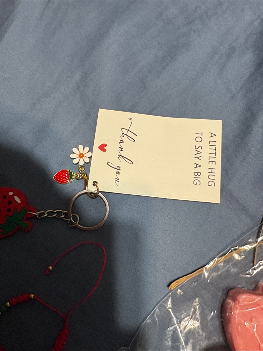 Strawberry Keychain Charm with bracelet and 3 strawberry mini goat milk soaps - Picture 7 of 17